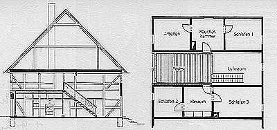 Grundri Obergescho und Schnitt, M 1:200